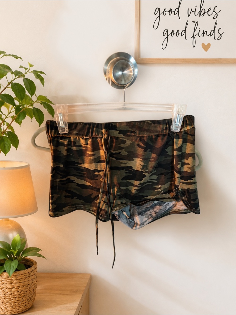 SHEIN Green & Brown Camo Drawstring Athletic Shorts